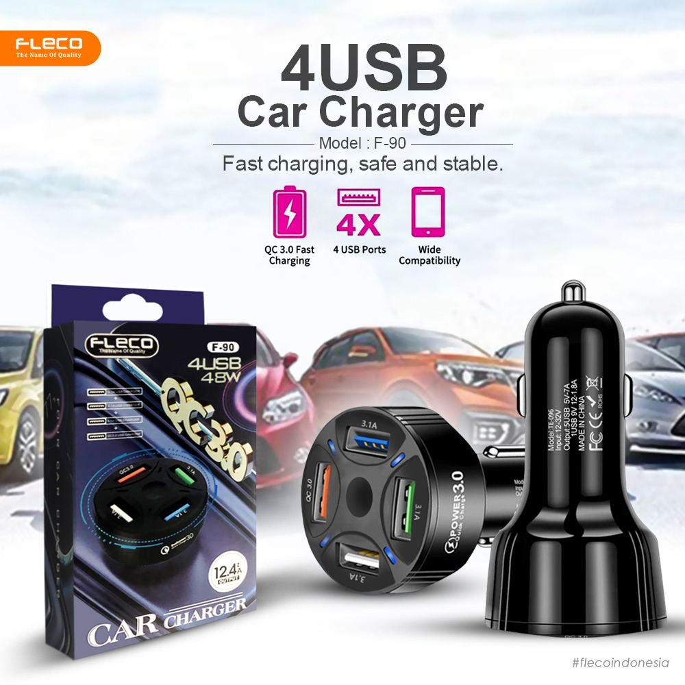 Car Charger cas mobil 4 port fast charging F-90 FLECO FREE kabel MICRO / TYPE C