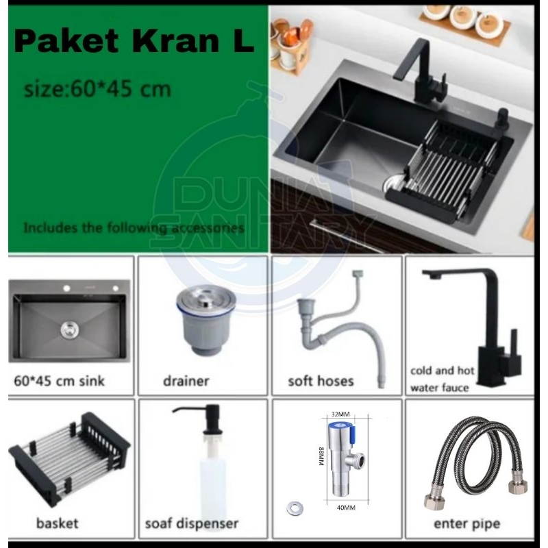 Paket Lengkap Kitchen Sink 6045 Paket Kran Tarik Hitam Bak cuci piring Tirisan Tarik