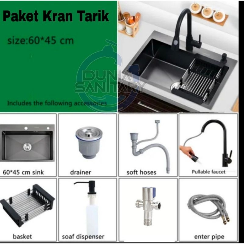 Paket Lengkap Kitchen Sink 6045 Paket Kran Tarik Hitam Bak cuci piring Tirisan Tarik