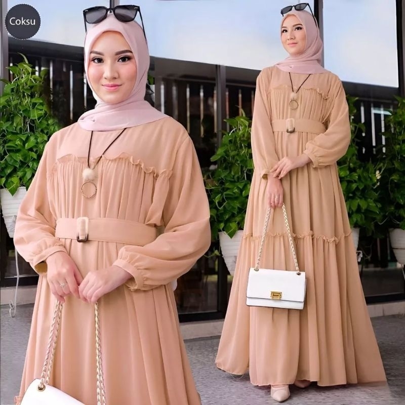 [R.A] Dewie Dress Gamis Maxy Ceruty Babydoll Full Furing Premium Gaun Pesta Muslimah