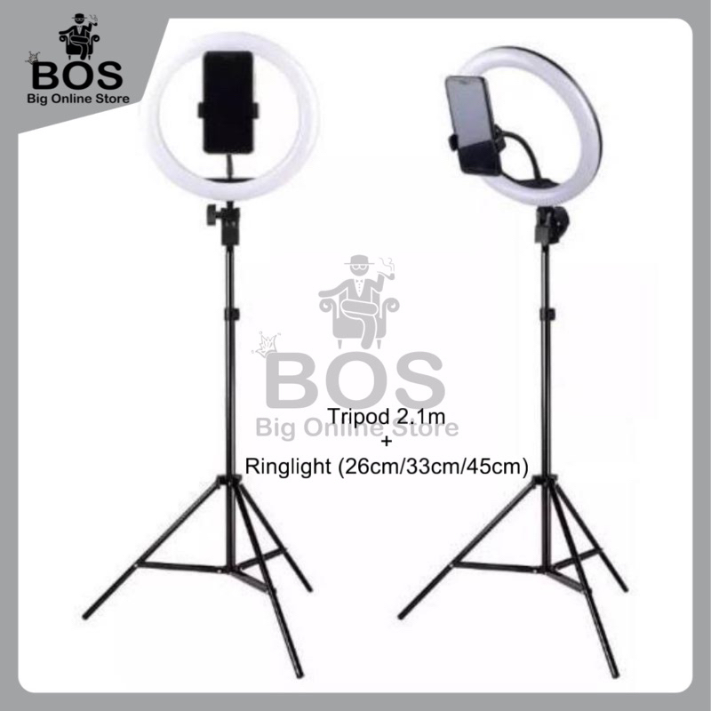 BOS - TRIPOD LIVE 2.1 METER PLUS SELFIE RING LIGHT RINGLIGHT LAMPU LED 45CM / 45 CM