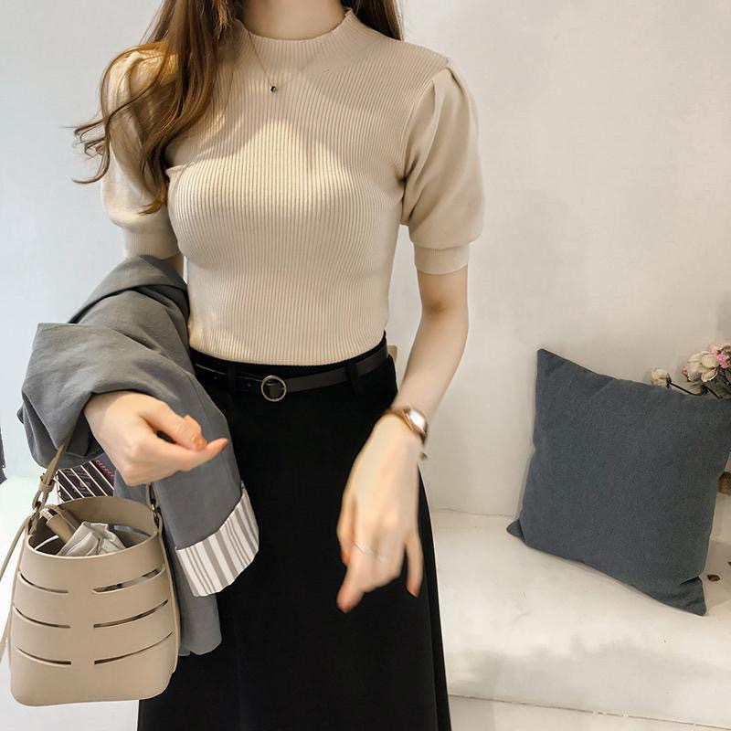 【 Bra Mall 】BJ-060 Atasan Turtleneck Rajut Wanita Korean Style Lengan Pendek Import Premium | Atasan Lengan Pendek Rajut Import