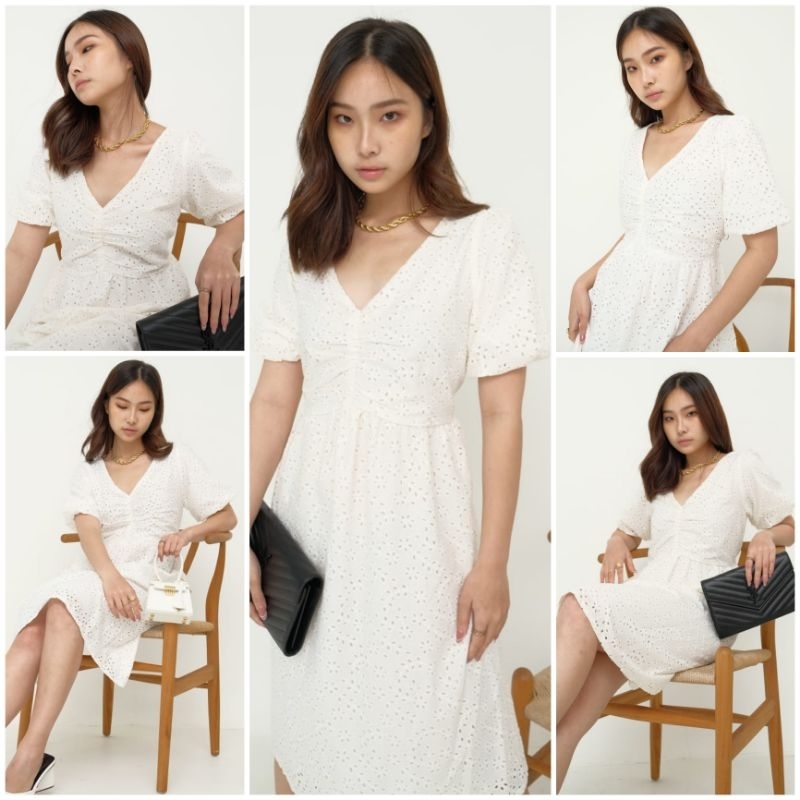 ♡ PREMIUM ♡ ORIGINAL ! VELSA VINTAGE FLOWERY EYELET EMBOSS LACE MIDI DRESS WITH FURING