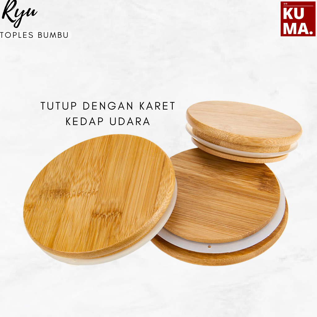 KUMA Ryuu Toples Bumbu Dapur Kaca 250ml Tutup Kayu Bambu Black White Aesthetic Bahan Keramik Kaca Bamboo