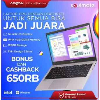 Laptop MURAH ADVAN Soulmate Celeron N4020 4GB 128GB 256GB 14" W11 - Blue 256GB, DOS