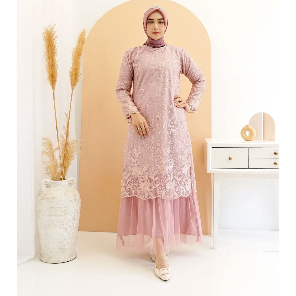 Arini Gamis Warna Merah Muda Dusty Pink Rosegold Bahan Moscrepe Brukat Brokat Full Tile Tulle Bordir