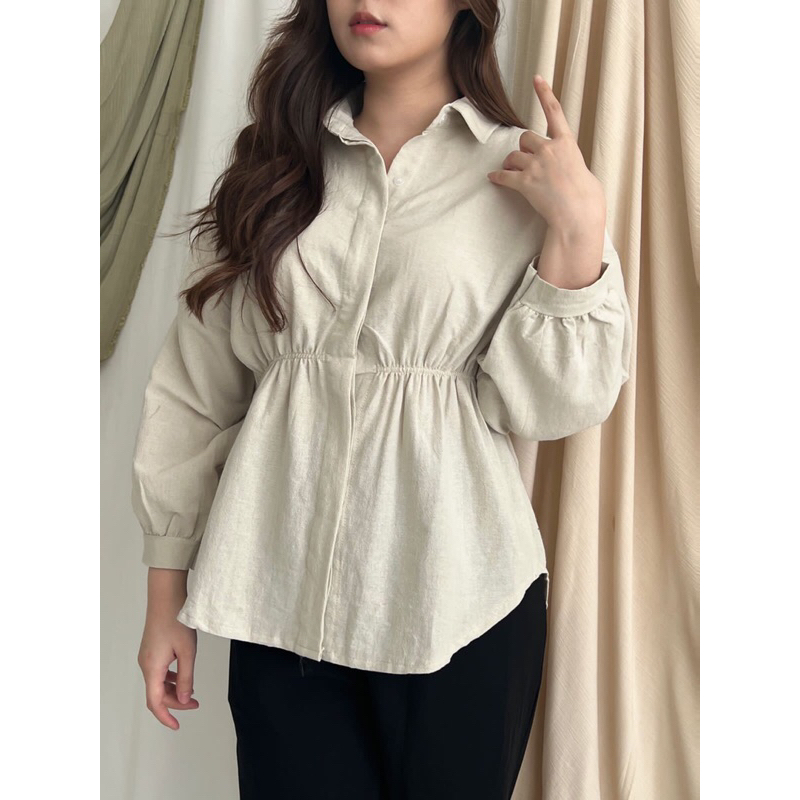 Audrina Blouse Linen Shirt | Blouse premium kantor | Atasan Hidden Button | kemeja daily kantor kuliah