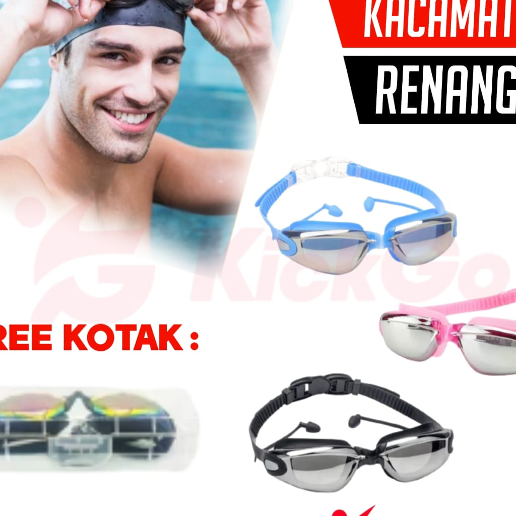 KickGo Kacamata Renang Penutup Telinga Dewasa Remaja Swimming Goggles UV Protection Anti Kabut Fog Warna Hitam Biru Pink