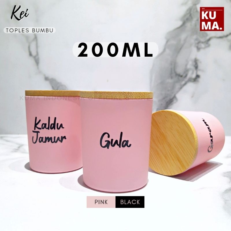 KUMA Kei Toples Bumbu Dapur Kaca 200ml Tutup Kayu Bambu Pink Black Aesthetic Bahan Keramik Kaca Bamboo