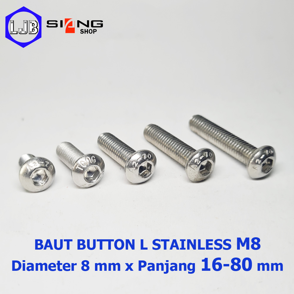 Baut Button L M8 Stainless 304 A2-70 Panjang 16 sd 80 mm