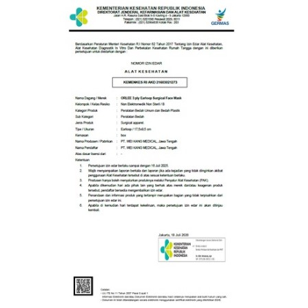 Masker 3ply 50pcs Orlee Putih Hitam Tali Tebal Bedah