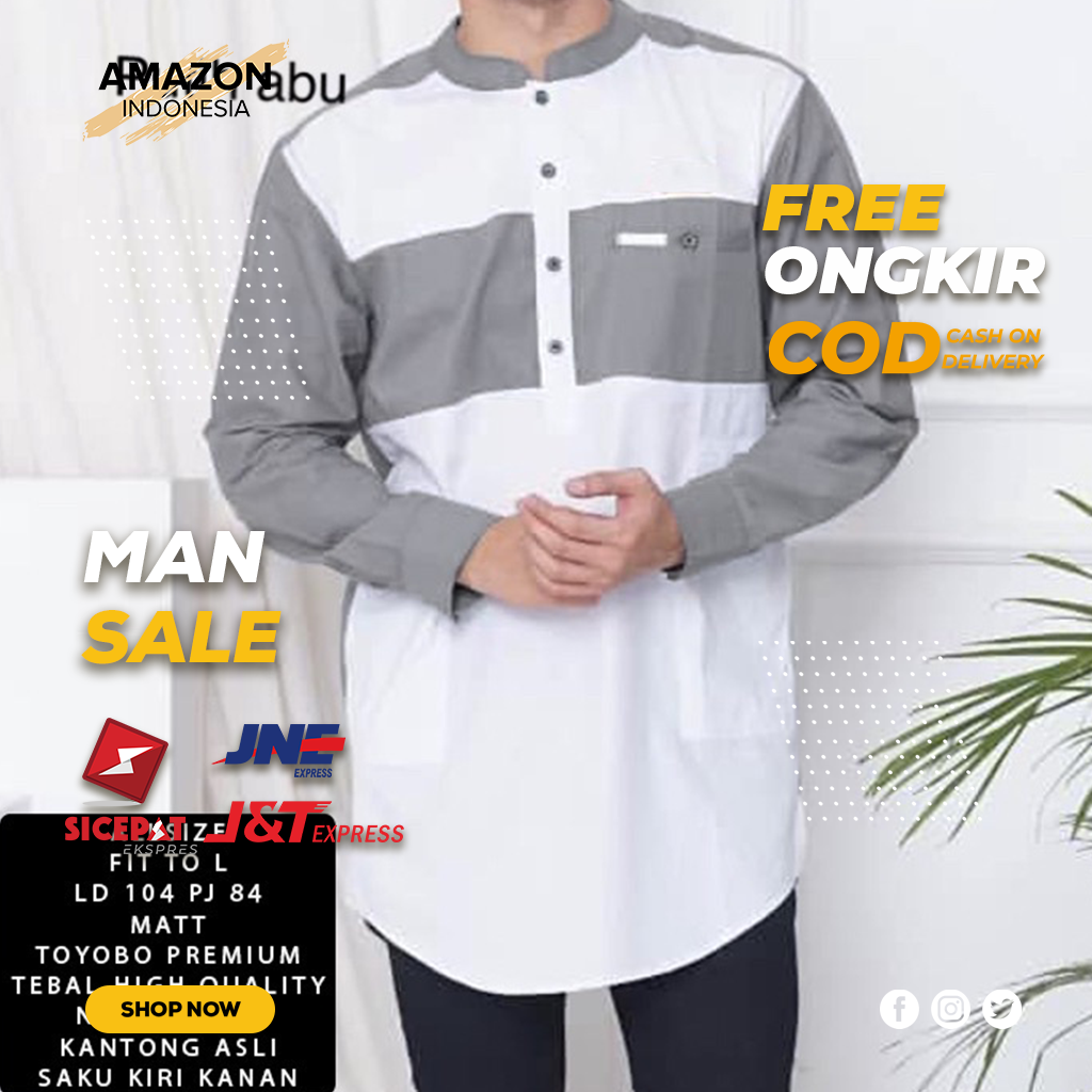 Baju Koko Alza Dewasa Lengan Panjang Warna Putih Abu-Abu  Material Catton Adem Serap Keringat