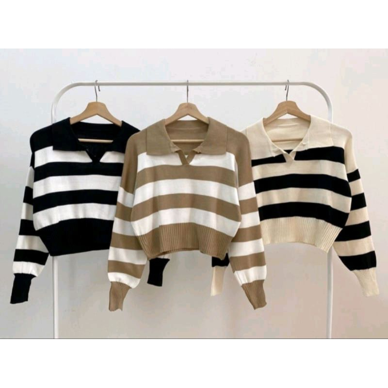 VALENCIA SWEATER POLO CROP RAJUT STRIP BLASTER/SWEATER RAJUT WANITA CROP KNIT BLASTER