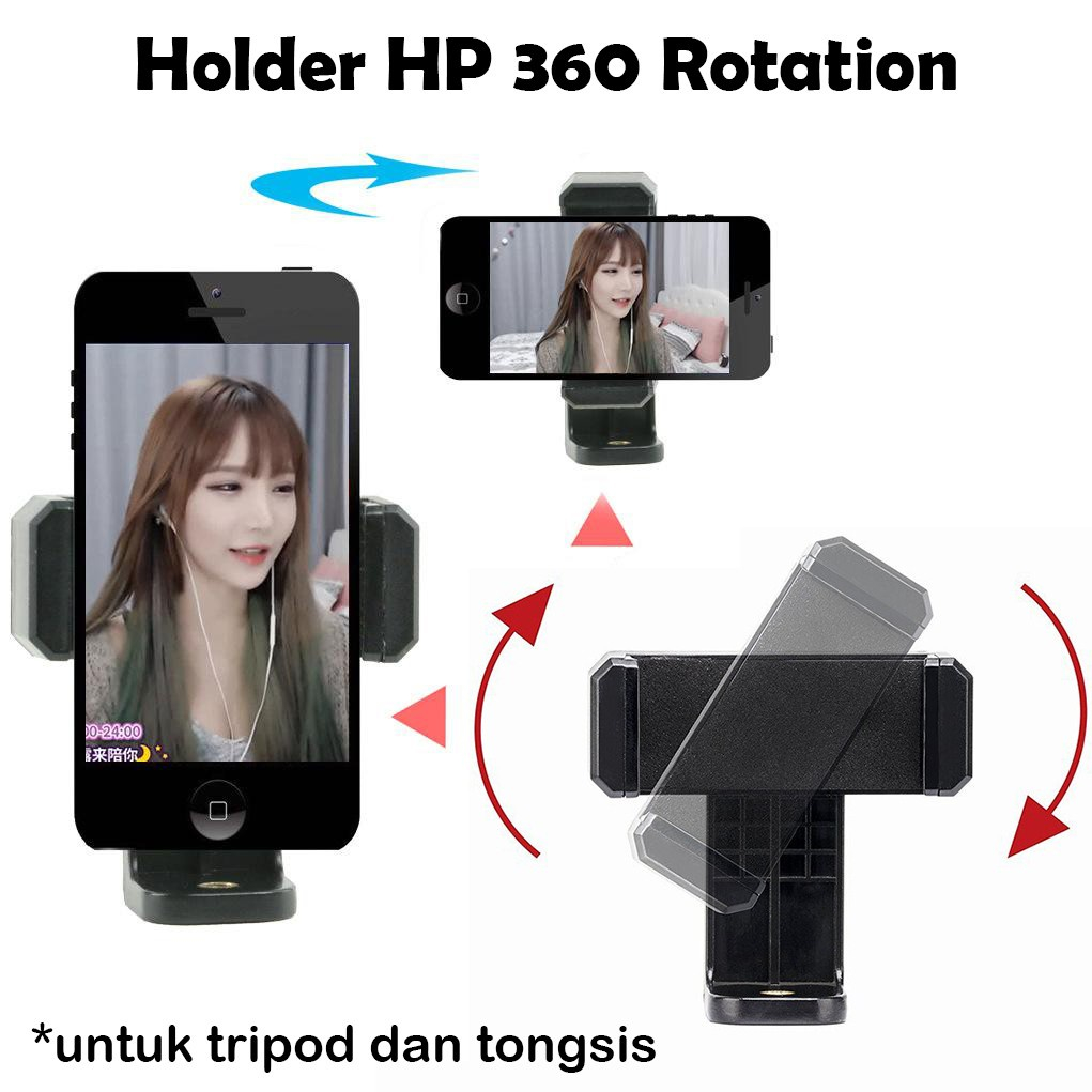 MMM Phone Holder Tripod Adapter 360° Cell Phone Clipper Holder Vertical 360 Rotation Sambungan Tongsis Monopod Tripod U Mount Phone Holder Hp Led Mic Ring Light