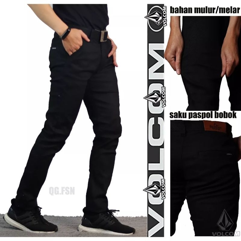 Celana chino panjang slimfit volcom/ celana panjang chinos/ celana panjang hitam pria free stiker