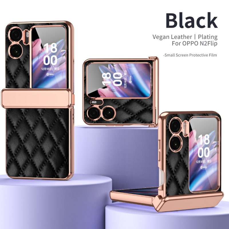 Case Armor Ring Dengan Hinge Pelindung Engsel Bahan Plating Kulit Phone Back Case disertai Tempered Glass Untuk Oppo Find N2 Flip
