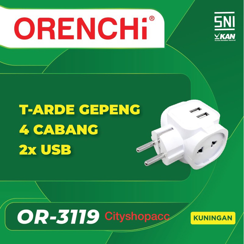 ORENCHI OR-3119 Steker T Arde Gepeng 4 Cabang + 2 USB OR3119 SNI KUNINGAN