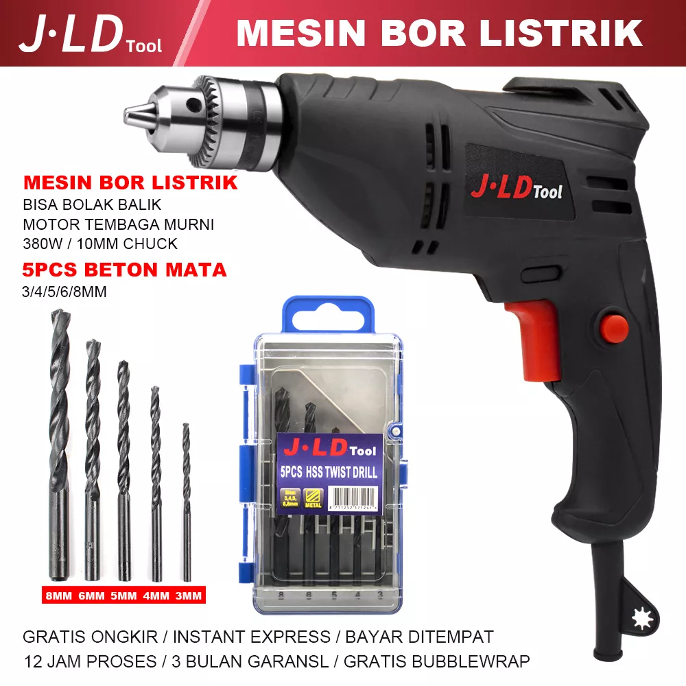 Promo Mesin Bor listrik 10mm JLD Tools 10-3 Bolak Balik + Mata Bor Tembok Beton JLD Set 5 pcs