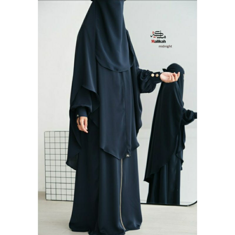 Anisyabutik - Abaya Malikah Balad Set Khimar Abaya Simple Full Zip Emas Sederhana Elegan Cutting Gam