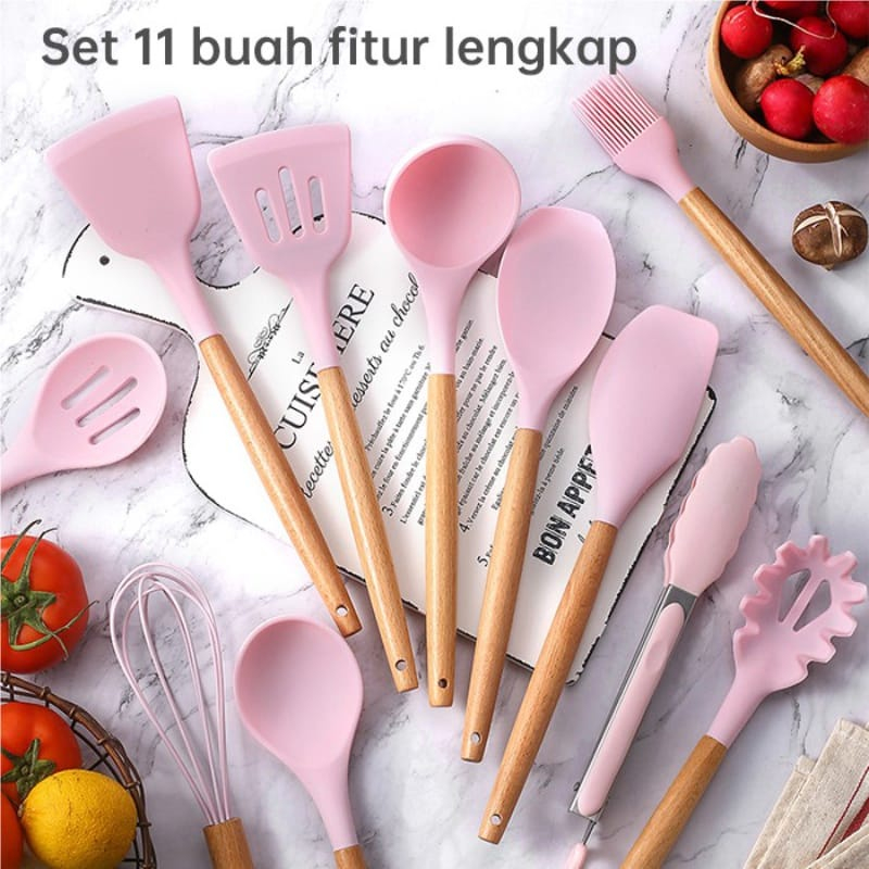 Silicone Utensil 11Pcs+Wadah Spatula Peralatan Masak Sutil Pegangan Kayu Baking Set Alat Masak Peralatan Masak Goreng Tumis Rebus Panggang Sutil Spatula Silikon