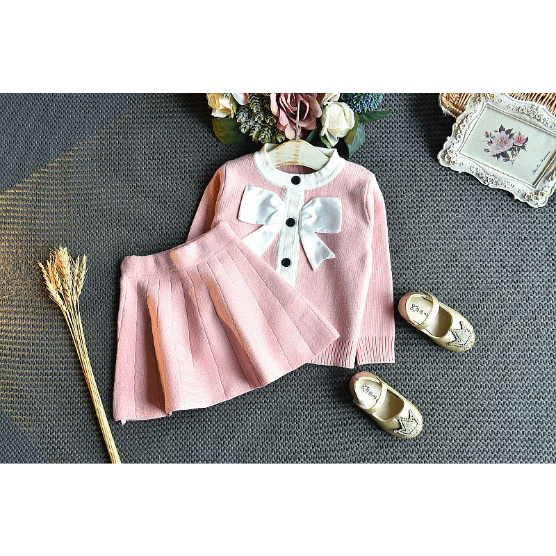 Setelan Sweater Rok Rajut Pink Anak Perempuan Korean Style Motif Pita Putih