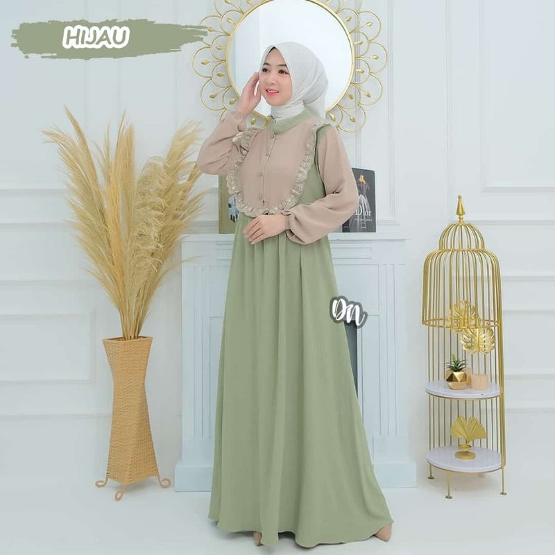 DRESS QIRANIA DN DAN ARETHA ARUMA AKU KARISSA CRINGKLE PREMIUM NONI STYLE RENDA DADA TREND WARNA MASA KINI