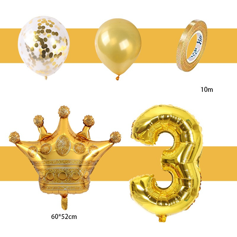 Balon Set 7pc Happy Birthday Number Ultah Ulang Tahun Angka Crown Gold