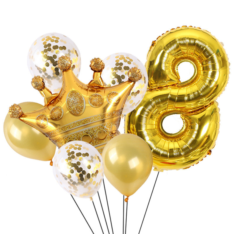 Balon Set 7pc Happy Birthday Number Ultah Ulang Tahun Angka Crown Gold