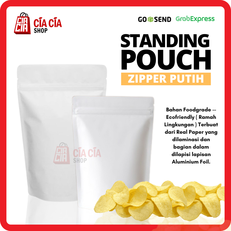 Kemasan Standing Pouch Zipper Alu Putih, Food Grade Kedap Cahaya 18x29