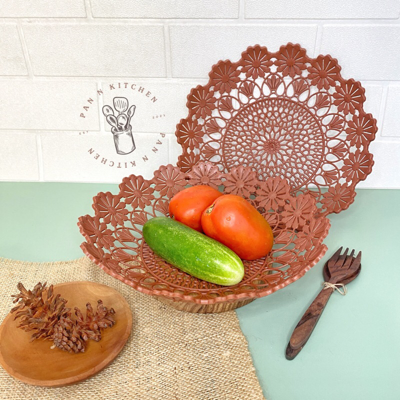 (12 pcs) Piring Buah Plastik Besar 25 cm/ Piring Rotan Daun Besar/ Piring Rotan Anyam Plastik/ Pirin