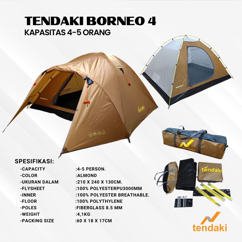 TENDAKI •Grosir Tenda Dome Termurah •Tendaki •Java 4 Pro •BORNEO 4 •Java 4 Light •Arundaya 4+ Air •NSM 4 •Moluccas 4 pro •Kapasitas 4 Orang •T210 Ripstop 3000mm Double Layer