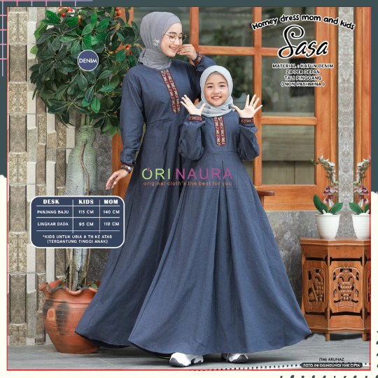 SASA COUPLE Baju Gamis Ibu Dan Anak Perempuan Model Terbaru Lebaran 2023 Mewah Remaja Muslimah Kekinian Long Dress Kondangan Pesta Modern Motif Keren Simple Elegan Bahan Katun Denim Premium Halus Adem Lembut