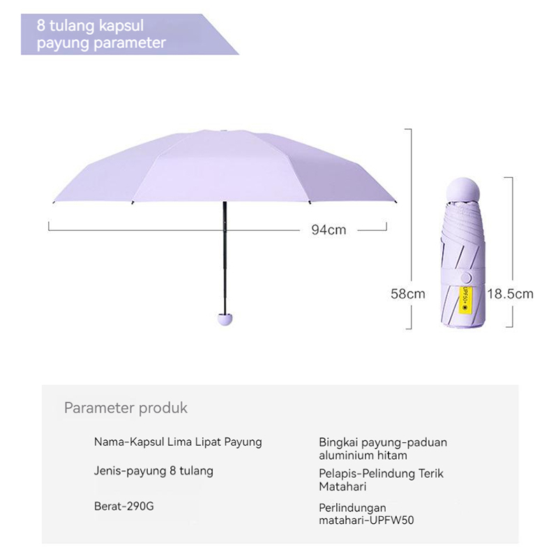 Payung Lipat UV Otomatis FREE CASING CAPSULE - Anti Hujan dan Sinar UV Matahari / Payung Lipat Mini Case Kapsul