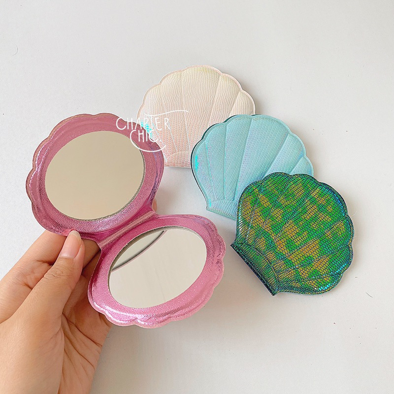 Mermaid Kaca Kerang Cermin Makeup Portable Shell Mirror Hologram Souvenir