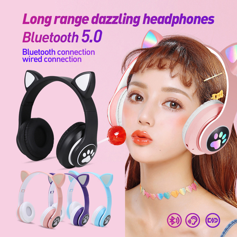 Bluetooth Headphone Cat LED Color Light Cat Ear Headphone with Mic Foldable Wireless Earphone HiFi Stereo Headset