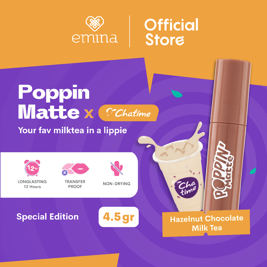 ✨ AKU MURAH ✨ Emina Poppin' Matte x Chatime Edition 4.5 g - Lip Matte Transferproof, Long-Lasting