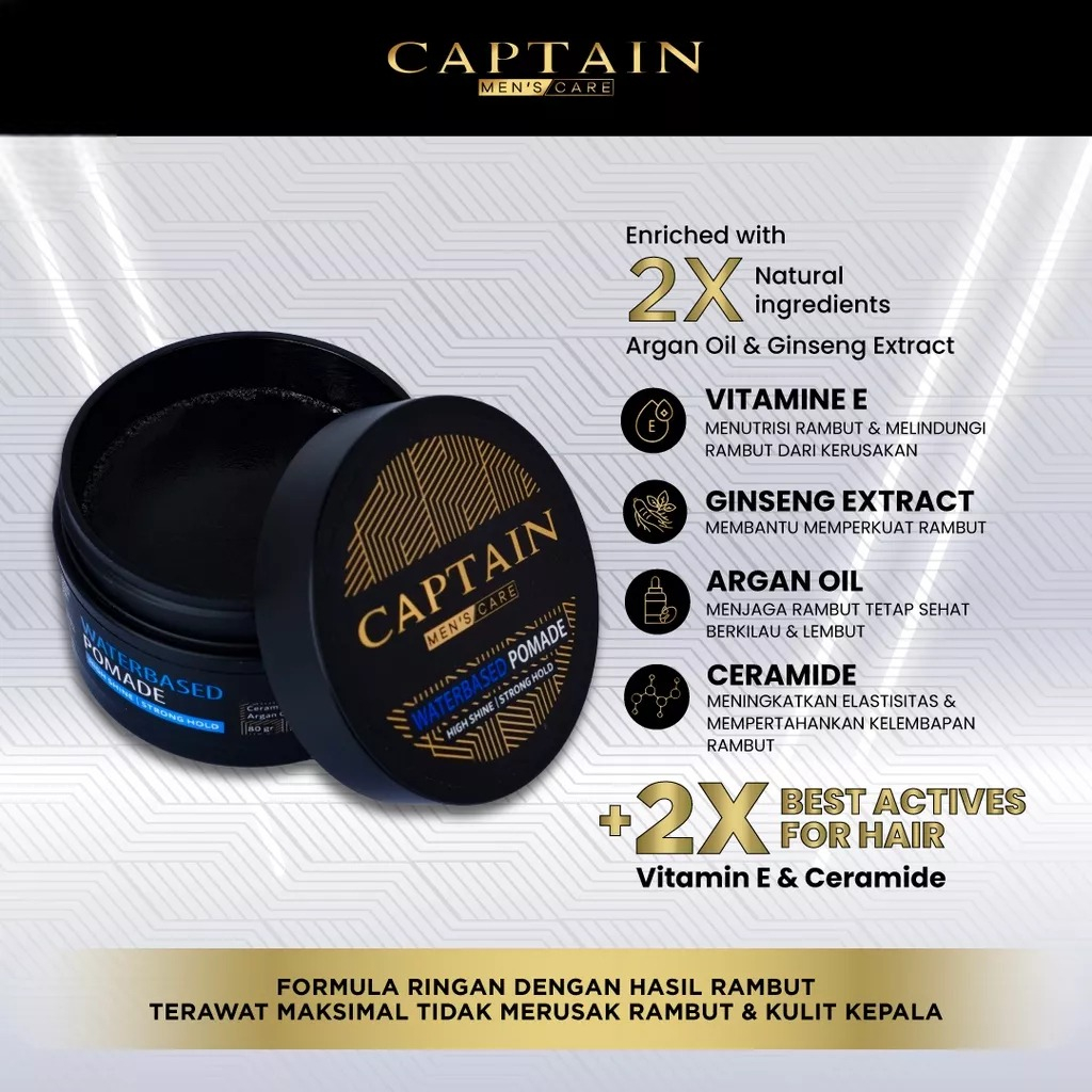 CAPTAIN Water Based Hair Styling Pomade - Minyak Wax Styling Pengkilap Pelembut Rambut Klimis Pomade