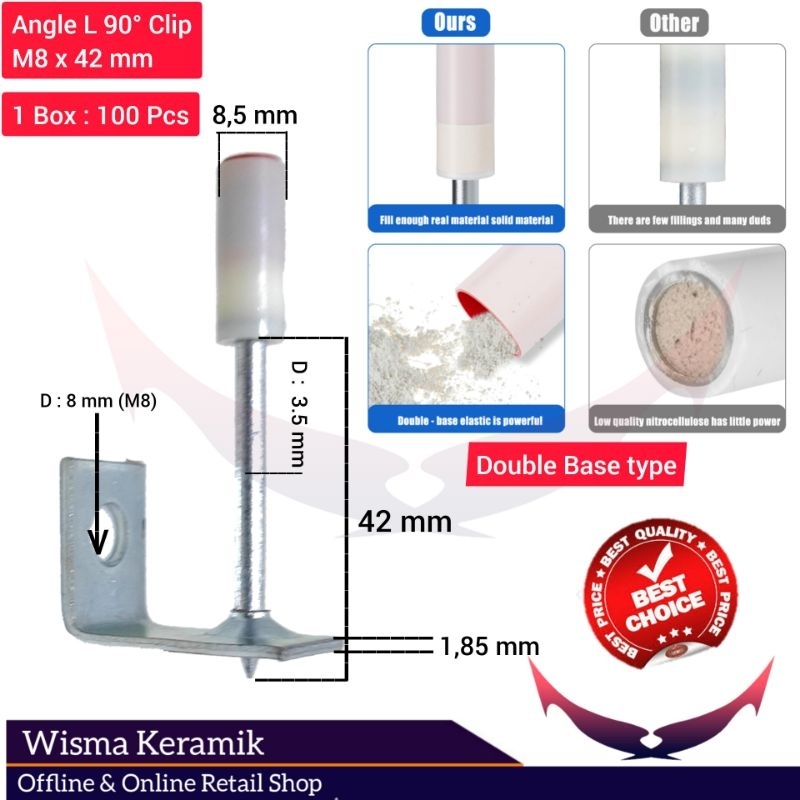 paku tembak plafon, Paku tembak besi beton, angle clip L dan Z ukuran kepala M8, bukan boset