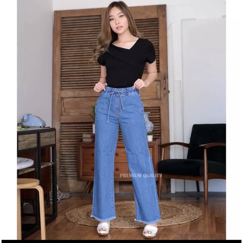 Celana Kulot Rawis Jeans / Kulot Jeans Pinggang Karet Rawis / Rubber Cullotes / Kulot Jeans Snow