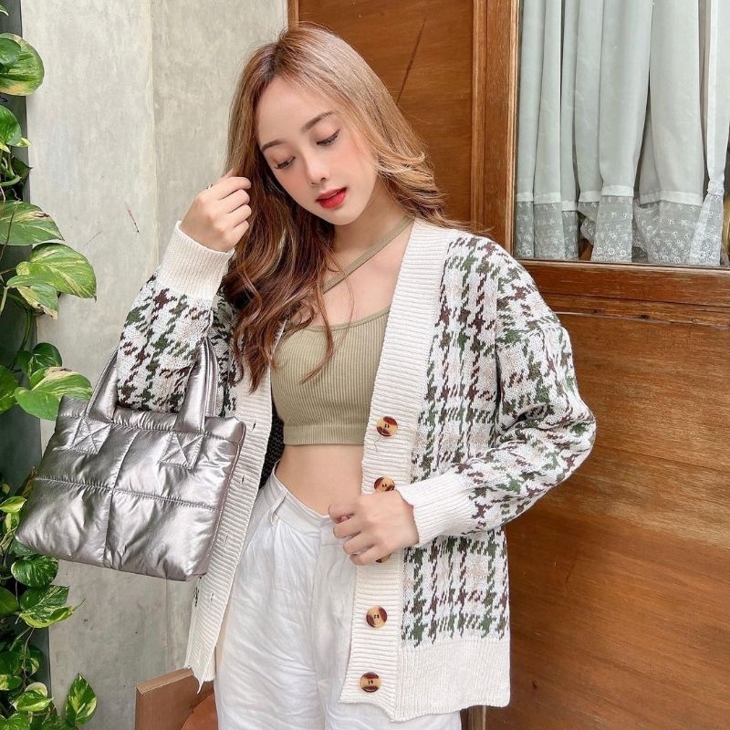 HOUNDSTOOTH KNIT CARDIGAN WINTER AUTUMN IMPORT KARDIGAN RAJUT WANITA KOREAN STYLE