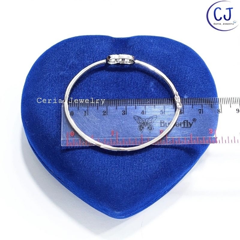 Gelang Tangan Wanita Perak Asli Silver 925 Lapis Emas Putih Model Bangle Oval Variasi Permata Kilau Permata - Perhiasan Perak Asli