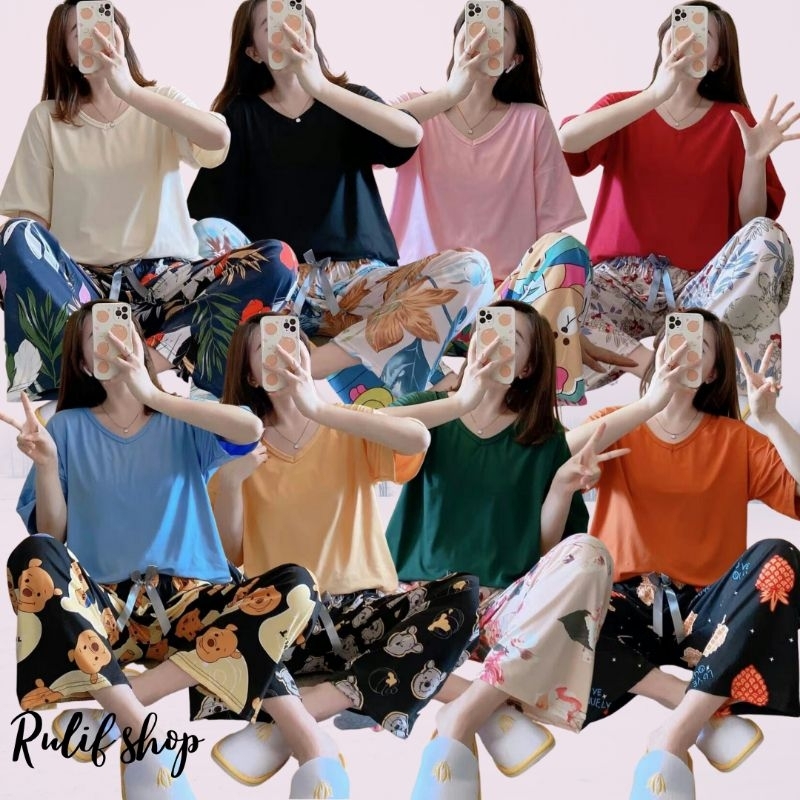 RULIF Baju tidur wanita/ Piyama set wanita Cp import spandek lengan pendek oversize kombi