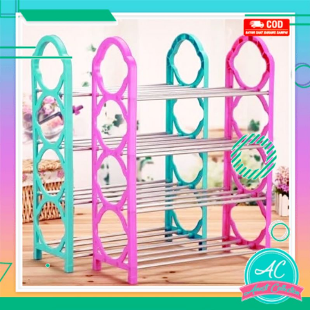 Rak sepatu warna 4 susun plastik dan aluminium cantik portable multifungsi