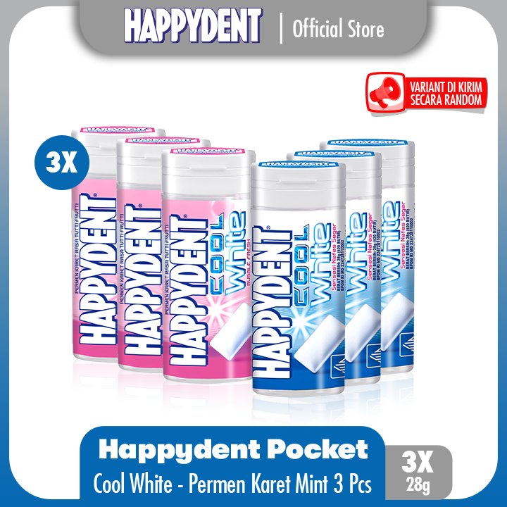 Happydent Cool White Pocket Bottle 28g - Permen Karet Rasa Mint (3 Bottles)