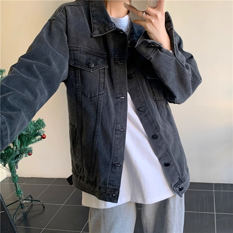 Kelabu hitam Oversize Denim jackets Wanita Korea Style