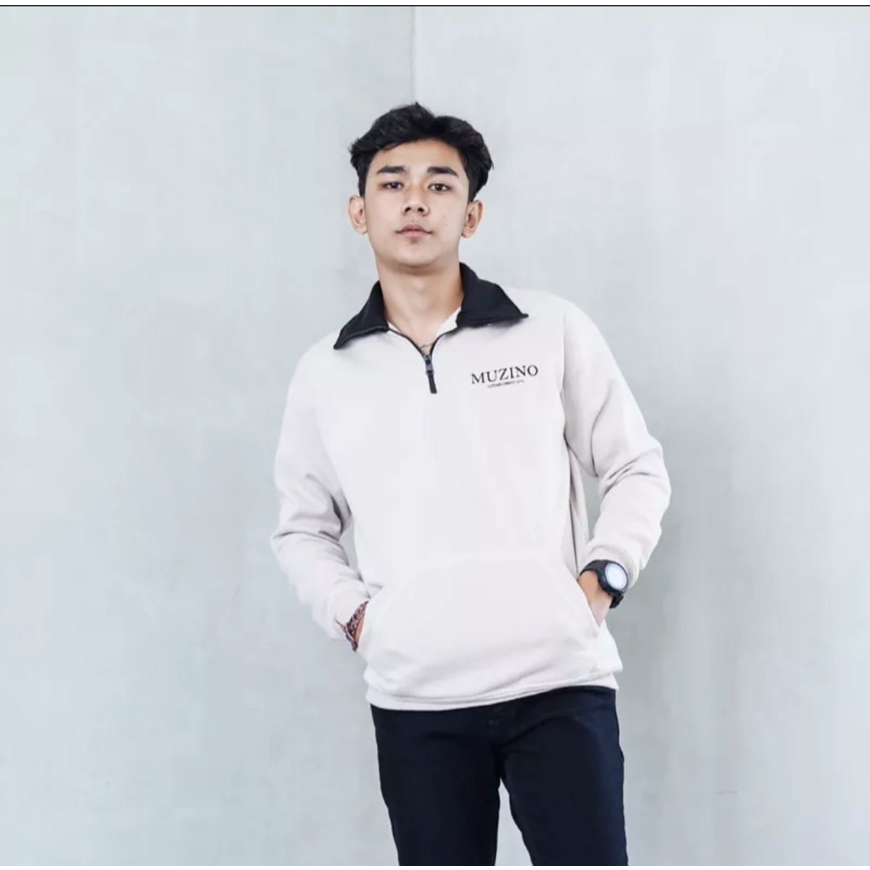 Jaket Rugby Unisex Casual Sweater Kombinasi Warna Simple Cotton Fleece Premium Distro Size M-XXL Warna Hitam &amp; Beige Original