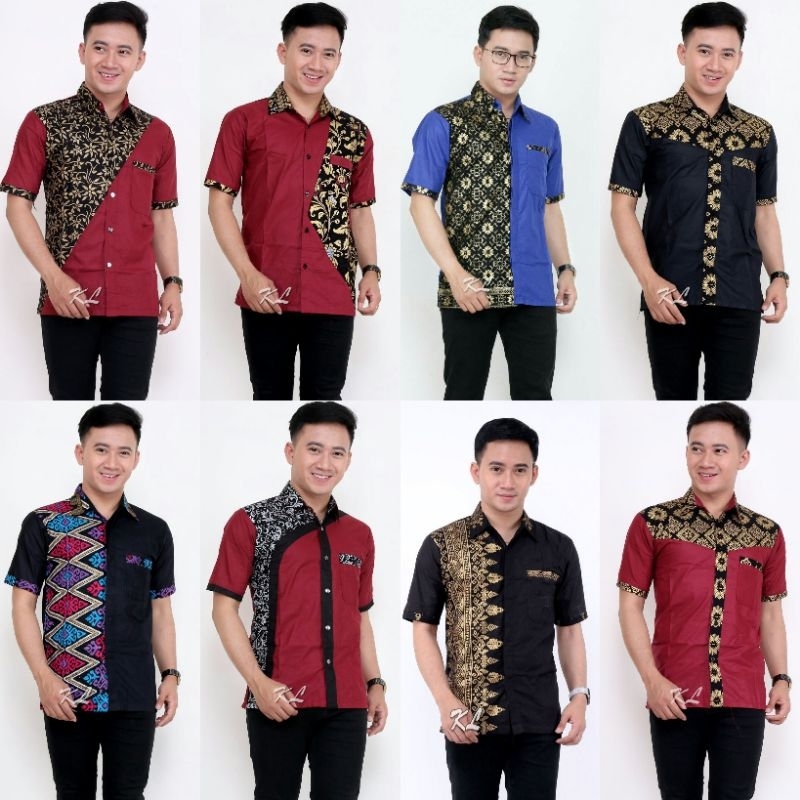 MURAH BATIK KEMEJA HEM PRIA MOTIF PRADA KOMBINASI MERAH BAJU M L XL