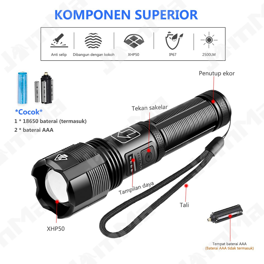 Senter Taktis XHP50 High Lumens Paling Kuat, Isi Ulang, Lampu Flash Super Terang Tahan Air