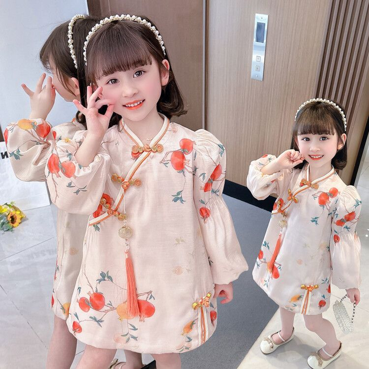 Dress Cheonsam Panjang Anak Perempuan Motif Pomegranate Orens Lampion Krincing