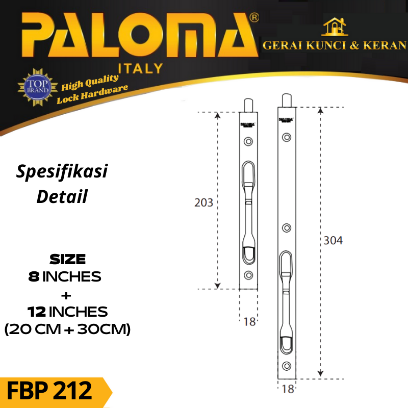 GRENDEL SLOT TANAM FLUSH BOLT PALOMA FBP 212 FUTURA 8&quot;+12&quot; (20+30) CM